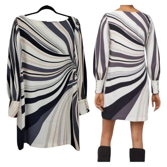 Richard Allan X H&M Black‎ White Tan Printed Swirls Boat Neck Long Sleeve Dress - Picture 5 of 15